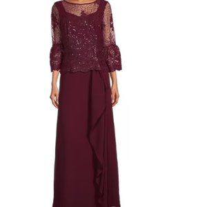 Sequin Embroidered Bodice 3/4 Bell Sleeve Round Neck Cascade Ruffle Front Gown